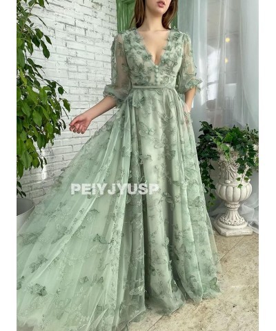 Long Sleeve Prom Dress 3D Butterfly Tulle Ball Gown for Women 2024 V Neck Puffy Formal Evening Gowns with Pockets Lavender $4...