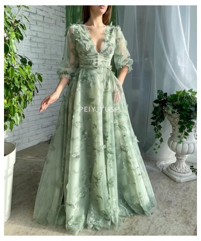 Long Sleeve Prom Dress 3D Butterfly Tulle Ball Gown for Women 2024 V Neck Puffy Formal Evening Gowns with Pockets Lavender $4...