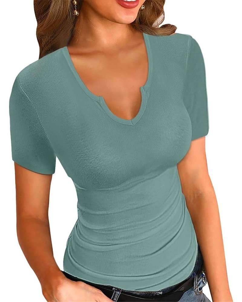 Womens Summer T-Shirts Basic V Neck Sexy Short Sleeve Fitted Ribbed Casual Shirts 9red Green $13.77 T-Shirts