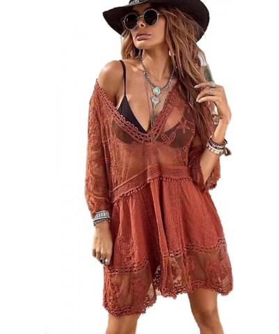 Womens Beach Dresses Crochet Lace Bikini Cover Up See Through Hollow Out Floral Beachwear 3/4 Sleeve Red $16.19 Swimsuits