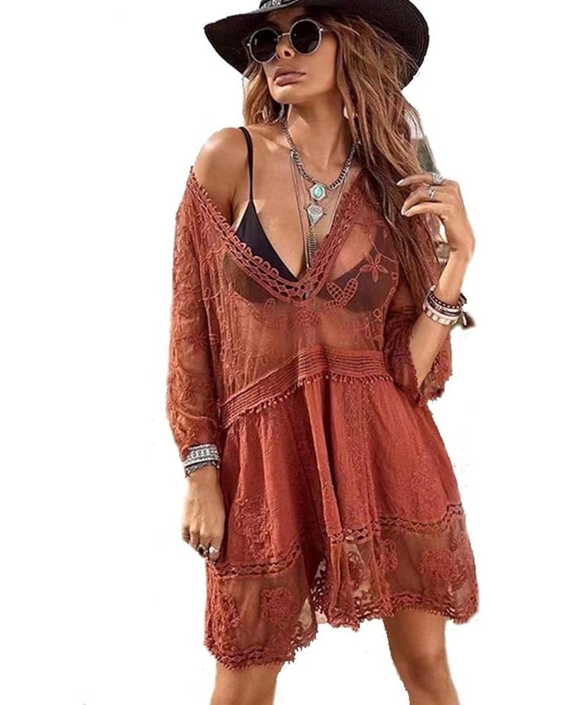 Womens Beach Dresses Crochet Lace Bikini Cover Up See Through Hollow Out Floral Beachwear 3/4 Sleeve Red $16.19 Swimsuits