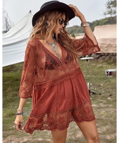 Womens Beach Dresses Crochet Lace Bikini Cover Up See Through Hollow Out Floral Beachwear 3/4 Sleeve Red $16.19 Swimsuits