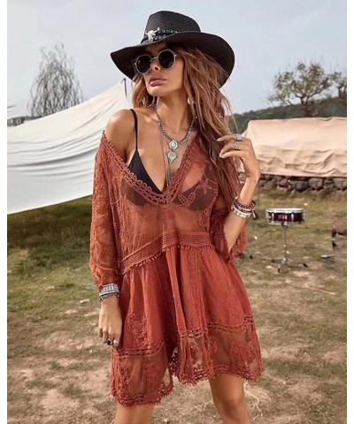 Womens Beach Dresses Crochet Lace Bikini Cover Up See Through Hollow Out Floral Beachwear 3/4 Sleeve Red $16.19 Swimsuits