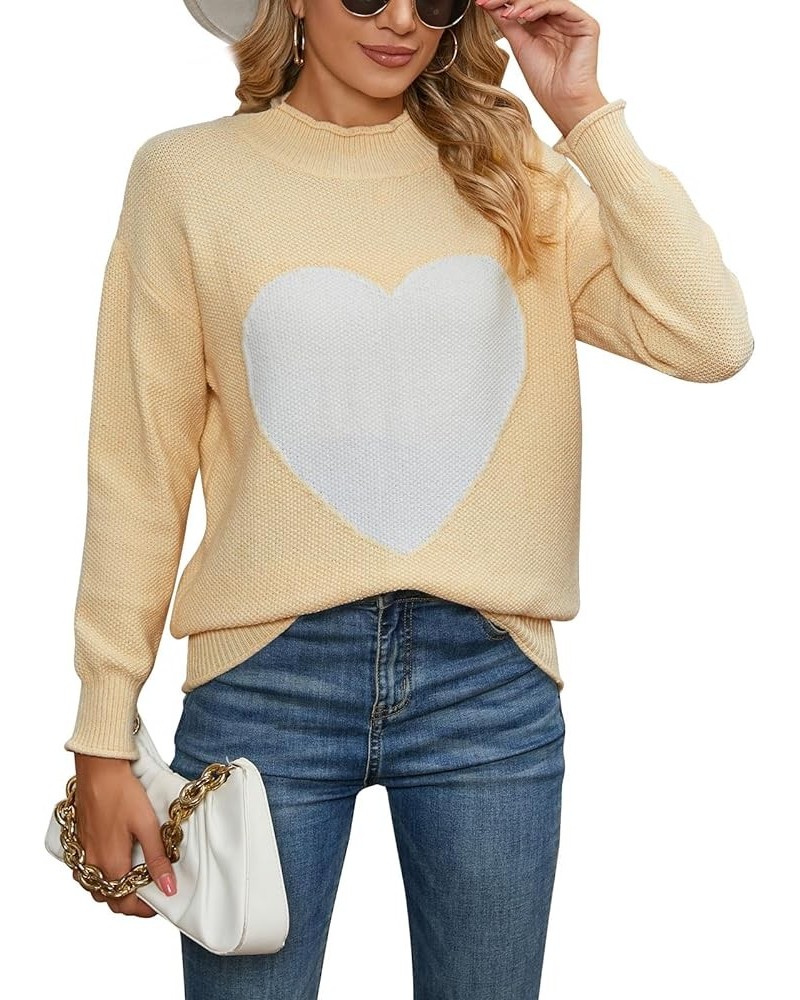 Women's Pullover Sweaters Long Sleeve Crewneck Front Ribbed Knitted Cute Heart Sweater 10755 Beige $16.77 Sweaters