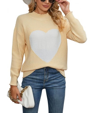 Women's Pullover Sweaters Long Sleeve Crewneck Front Ribbed Knitted Cute Heart Sweater 10755 Beige $16.77 Sweaters