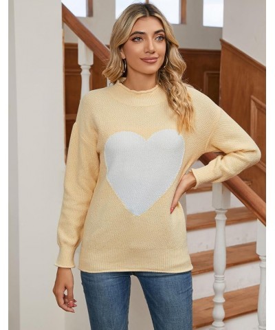 Women's Pullover Sweaters Long Sleeve Crewneck Front Ribbed Knitted Cute Heart Sweater 10755 Beige $16.77 Sweaters