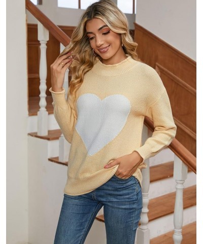 Women's Pullover Sweaters Long Sleeve Crewneck Front Ribbed Knitted Cute Heart Sweater 10755 Beige $16.77 Sweaters