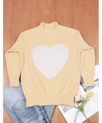 Women's Pullover Sweaters Long Sleeve Crewneck Front Ribbed Knitted Cute Heart Sweater 10755 Beige $16.77 Sweaters