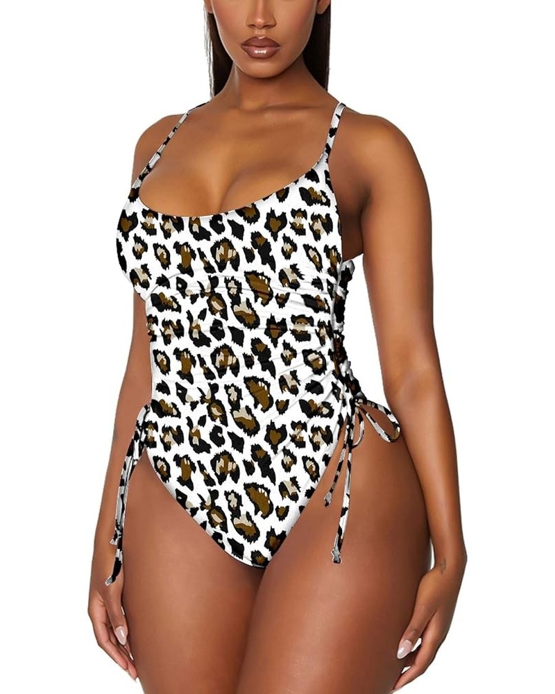 Women's Tummy Control One Piece Swimsuits Ruched Drawstring Bathing Suits Swimwear White Leopard $13.50 Swimsuits