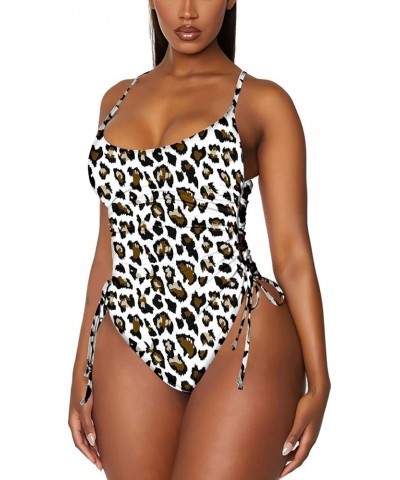 Women's Tummy Control One Piece Swimsuits Ruched Drawstring Bathing Suits Swimwear White Leopard $13.50 Swimsuits