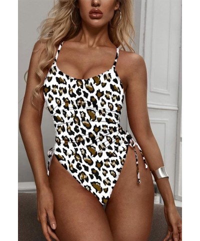 Women's Tummy Control One Piece Swimsuits Ruched Drawstring Bathing Suits Swimwear White Leopard $13.50 Swimsuits