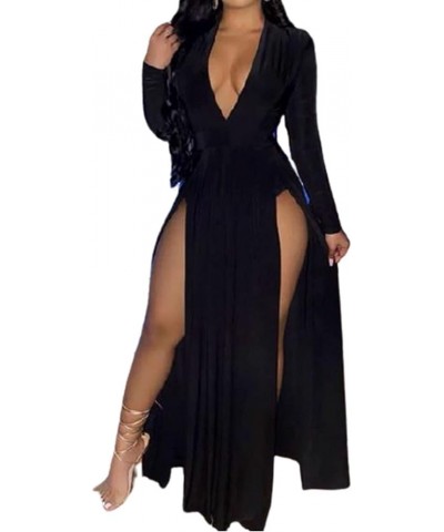 Sexy Women's Long Sleeve Plunge V Neck Thigh Side High Split Maxi Prom Dress Long Party Bodycon Cocktail Dresses Black $23.64...