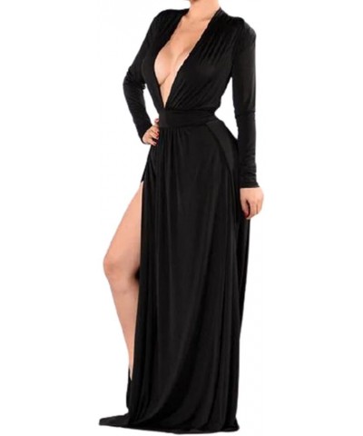 Sexy Women's Long Sleeve Plunge V Neck Thigh Side High Split Maxi Prom Dress Long Party Bodycon Cocktail Dresses Black $23.64...