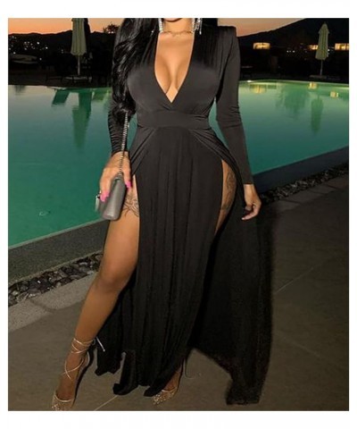 Sexy Women's Long Sleeve Plunge V Neck Thigh Side High Split Maxi Prom Dress Long Party Bodycon Cocktail Dresses Black $23.64...