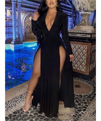 Sexy Women's Long Sleeve Plunge V Neck Thigh Side High Split Maxi Prom Dress Long Party Bodycon Cocktail Dresses Black $23.64...