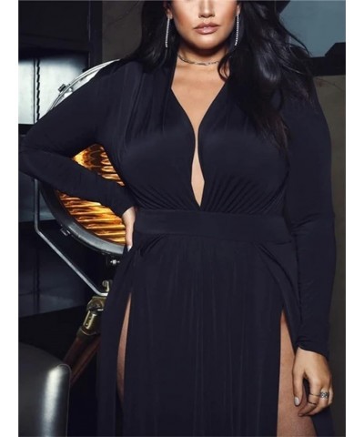 Sexy Women's Long Sleeve Plunge V Neck Thigh Side High Split Maxi Prom Dress Long Party Bodycon Cocktail Dresses Black $23.64...