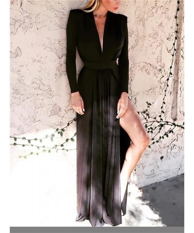 Sexy Women's Long Sleeve Plunge V Neck Thigh Side High Split Maxi Prom Dress Long Party Bodycon Cocktail Dresses Black $23.64...