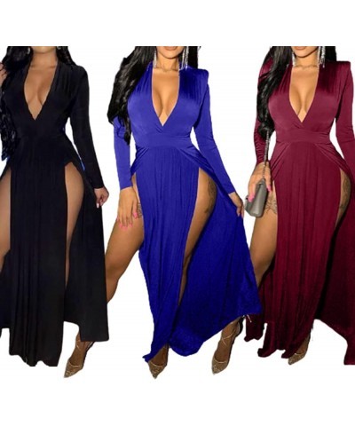 Sexy Women's Long Sleeve Plunge V Neck Thigh Side High Split Maxi Prom Dress Long Party Bodycon Cocktail Dresses Black $23.64...