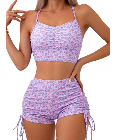 Women's 2 Piece Bathing Suits Drawstring Ruched Knot Solid Swimsuit Swimwear Floral Purple $16.92 Swimsuits