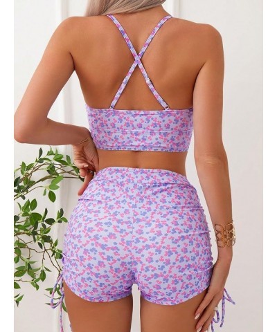 Women's 2 Piece Bathing Suits Drawstring Ruched Knot Solid Swimsuit Swimwear Floral Purple $16.92 Swimsuits