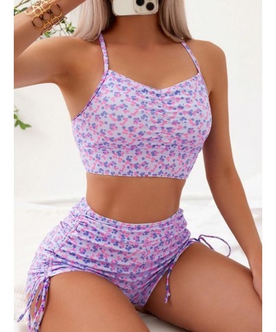 Women's 2 Piece Bathing Suits Drawstring Ruched Knot Solid Swimsuit Swimwear Floral Purple $16.92 Swimsuits