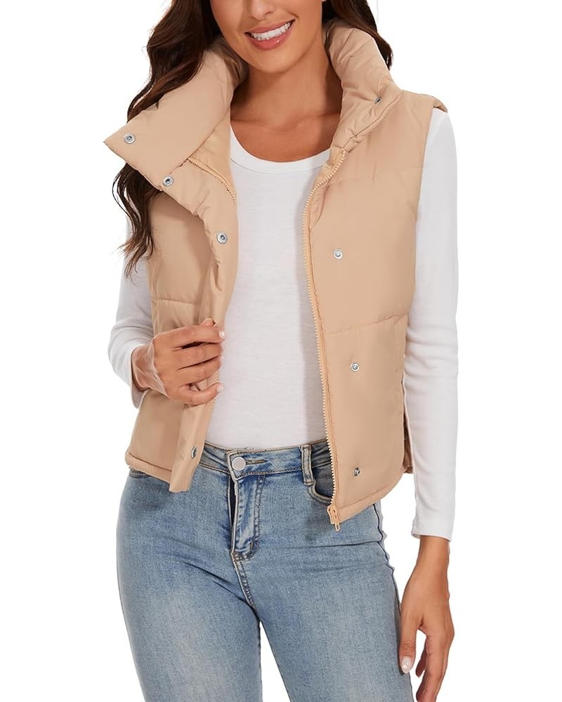 Women Puffer Down Quilted Vest Sleeveless Stand Collar Zip Lightweight Padded Gilet Coat Outerwear Khaki $14.44 Vests