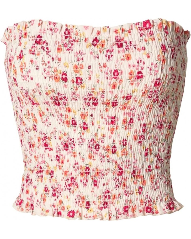 Women's Strapless Smocked Lettuce Hem Stretch Bustier Bandeau Crop Tube Top D Flower Ivory/ Mauve $10.00 Tanks