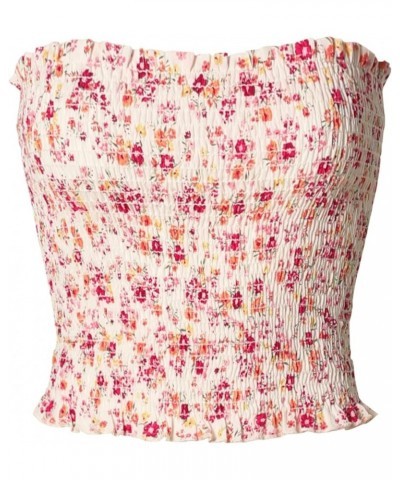 Women's Strapless Smocked Lettuce Hem Stretch Bustier Bandeau Crop Tube Top D Flower Ivory/ Mauve $10.00 Tanks