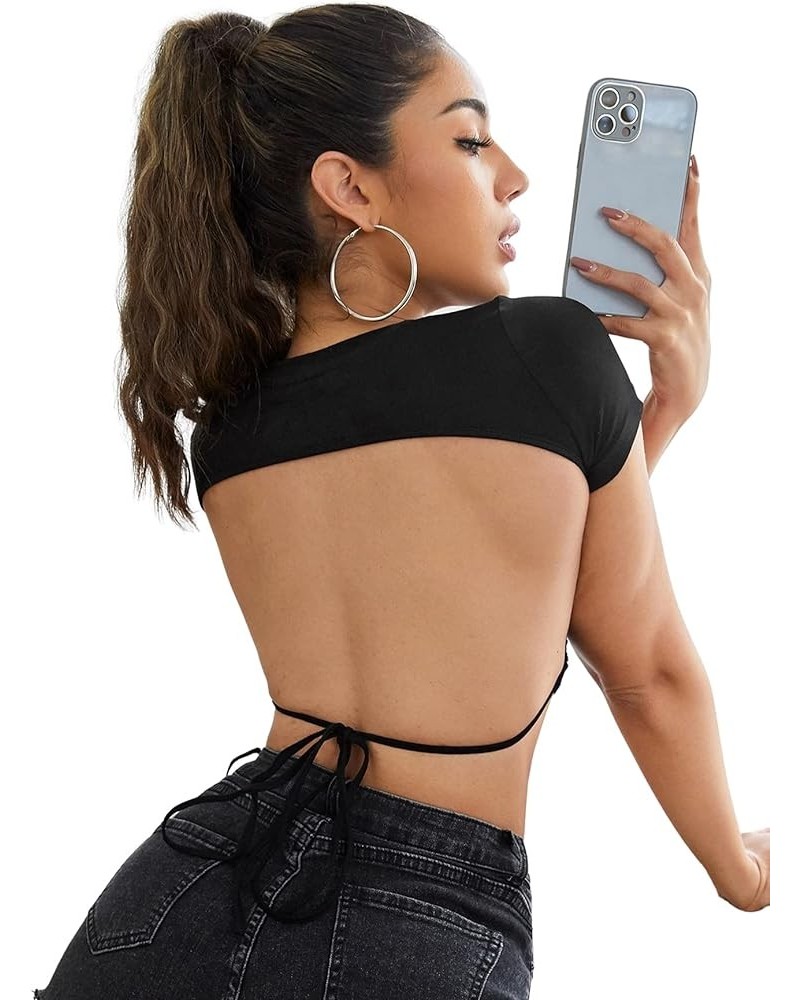 Women's Sexy Backless Crop Top Short Sleeve Slim Tie Back Tee Shirt Solid Black $11.54 T-Shirts