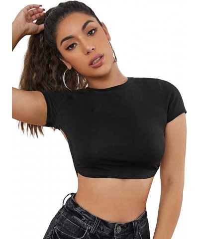 Women's Sexy Backless Crop Top Short Sleeve Slim Tie Back Tee Shirt Solid Black $11.54 T-Shirts