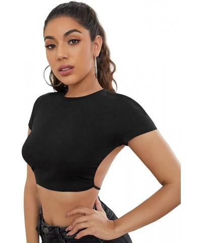 Women's Sexy Backless Crop Top Short Sleeve Slim Tie Back Tee Shirt Solid Black $11.54 T-Shirts