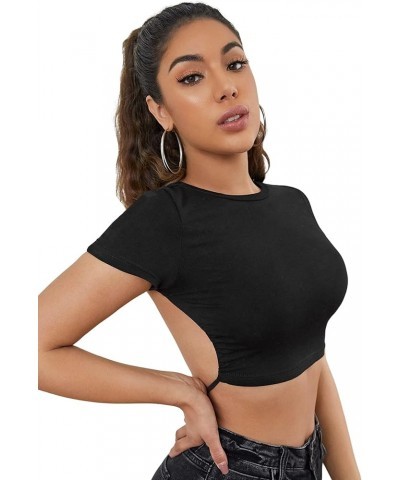 Women's Sexy Backless Crop Top Short Sleeve Slim Tie Back Tee Shirt Solid Black $11.54 T-Shirts