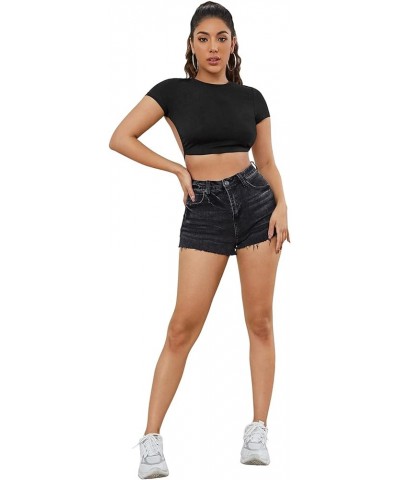 Women's Sexy Backless Crop Top Short Sleeve Slim Tie Back Tee Shirt Solid Black $11.54 T-Shirts