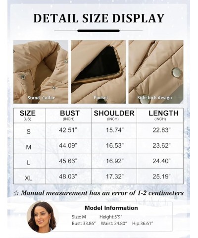 Women Puffer Down Quilted Vest Sleeveless Stand Collar Zip Lightweight Padded Gilet Coat Outerwear Khaki $14.44 Vests