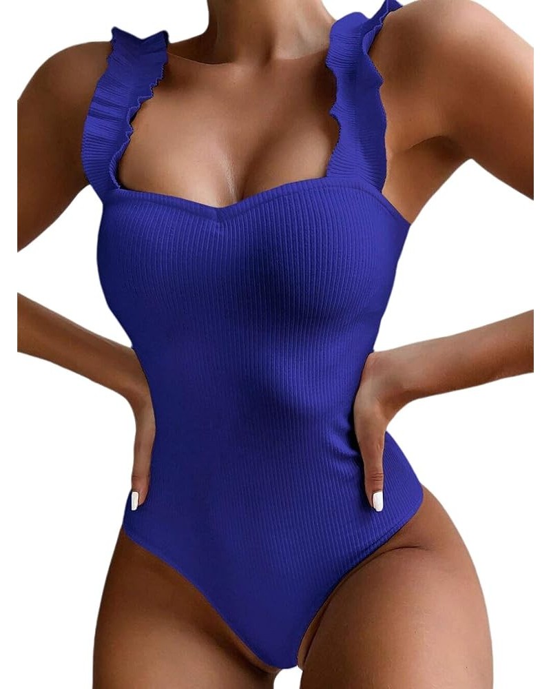 Women's Ruffle Strappy One Piece Ribbed Swimsuits Tummy Control Swimwear Bathing Suits Royal Royal Blue $6.59 Swimsuits