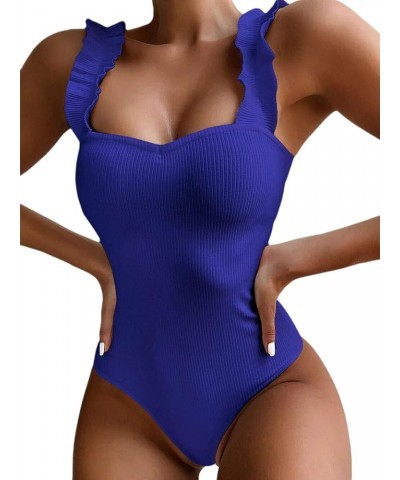 Women's Ruffle Strappy One Piece Ribbed Swimsuits Tummy Control Swimwear Bathing Suits Royal Royal Blue $6.59 Swimsuits