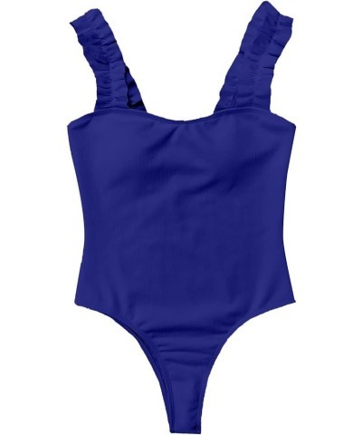 Women's Ruffle Strappy One Piece Ribbed Swimsuits Tummy Control Swimwear Bathing Suits Royal Royal Blue $6.59 Swimsuits