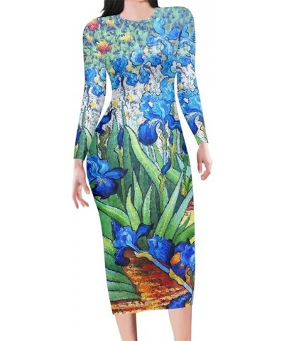 Cute Women's Sexy Bodycon Fitted Dress Long Sleeve Round Neck Work Office Midi Pencil Dress Van Gogh Iris $14.70 Dresses