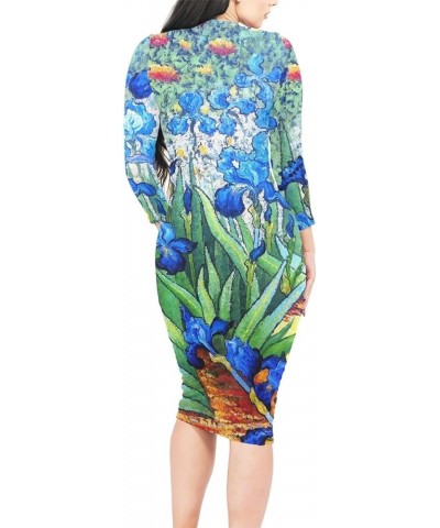 Cute Women's Sexy Bodycon Fitted Dress Long Sleeve Round Neck Work Office Midi Pencil Dress Van Gogh Iris $14.70 Dresses