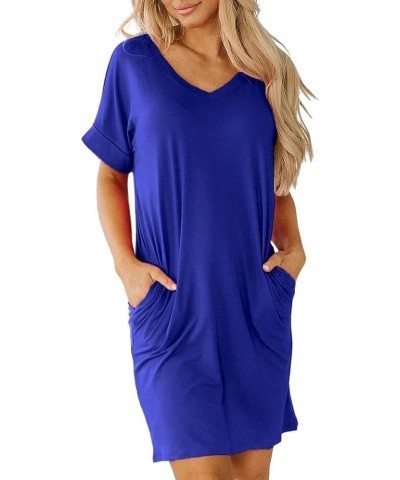 Womens Short Sleeve Pleated Loose Swing Casual Dresses with Pockets Knee Length Summer V Neck Tunic Dress Royal Blue $11.79 D...