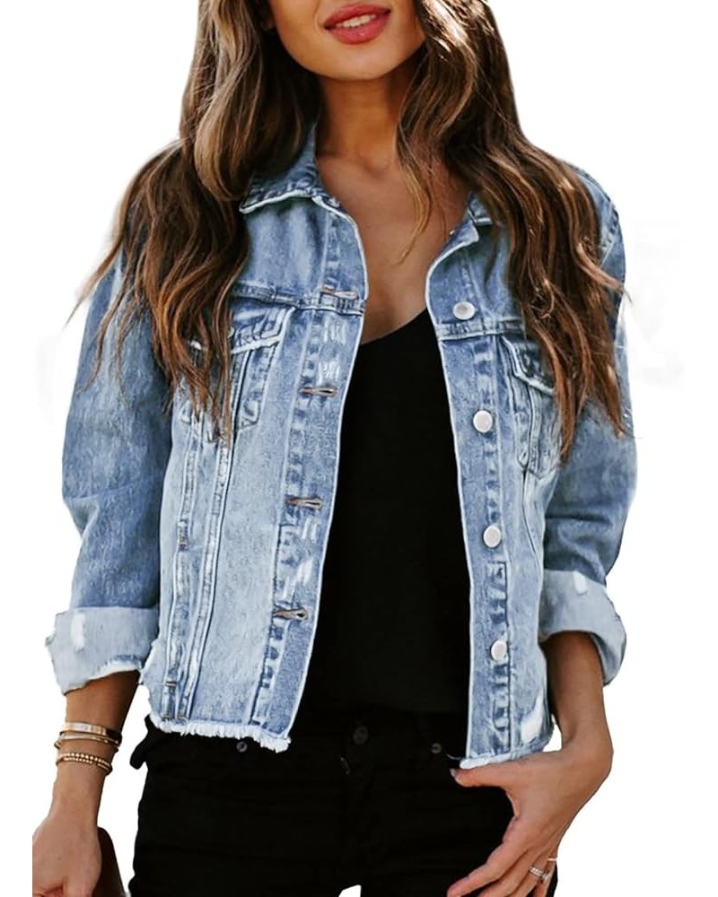 Women's Denim Jacket Long Sleeve Button Distressed Ripped Jean Coat A Sky Blue $20.91 Jackets