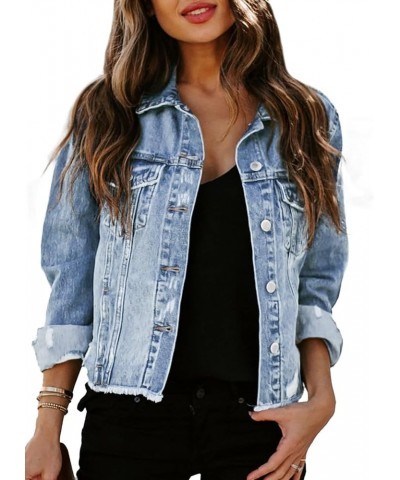 Women's Denim Jacket Long Sleeve Button Distressed Ripped Jean Coat A Sky Blue $20.91 Jackets