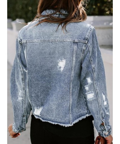 Women's Denim Jacket Long Sleeve Button Distressed Ripped Jean Coat A Sky Blue $20.91 Jackets