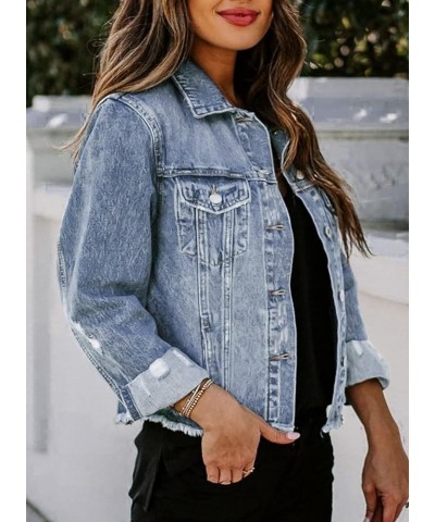 Women's Denim Jacket Long Sleeve Button Distressed Ripped Jean Coat A Sky Blue $20.91 Jackets