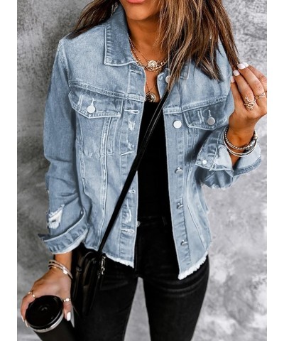 Women's Denim Jacket Long Sleeve Button Distressed Ripped Jean Coat A Sky Blue $20.91 Jackets