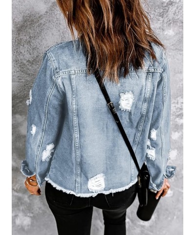 Women's Denim Jacket Long Sleeve Button Distressed Ripped Jean Coat A Sky Blue $20.91 Jackets