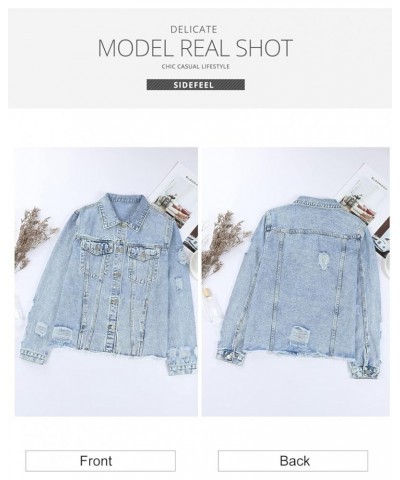 Women's Denim Jacket Long Sleeve Button Distressed Ripped Jean Coat A Sky Blue $20.91 Jackets