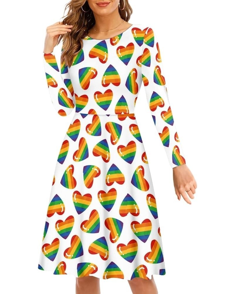 Long Sleeve Midi Dress for Women Size S-4XL Fashion Midi Dress Rainbow Heart $19.94 Dresses