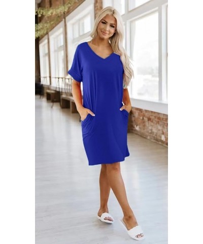 Womens Short Sleeve Pleated Loose Swing Casual Dresses with Pockets Knee Length Summer V Neck Tunic Dress Royal Blue $11.79 D...