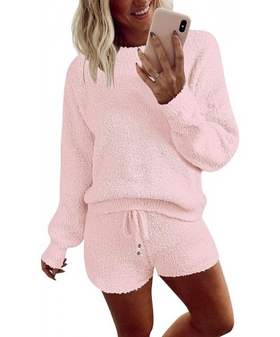 Women's 2024 Winter Fuzzy Fleece Leopard Long Sleeve Pajama Set 2 Piece Sweater Top and Shorts Loungewear Solidpink $25.50 Sl...